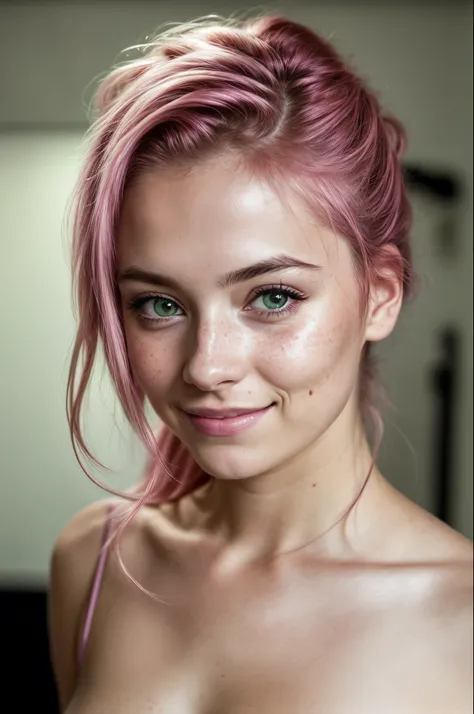 (RAW photo) night scene, close up photo of a sexy girl, posing, looking at viewer, smiling, pink hair in a ponytail, (green eyes:0.8), cute young face, 18 yo, soft volumetric lights, soft key and fill lighting, (backlit:1.3), (cinematic:1.3), intricate det...