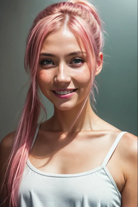 (RAW photo) night scene, close up photo of a sexy girl, posing, looking at viewer, smiling, pink hair in a ponytail, (green eyes:0.8), cute young face, 18 yo, soft volumetric lights, soft key and fill lighting, (backlit:1.3), (cinematic:1.3), intricate det...