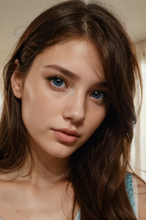 Realistic 20-year-old face of a girl that does not exist in the world, very beautiful eyes, very beautiful lips, blue eyes, brown hair.