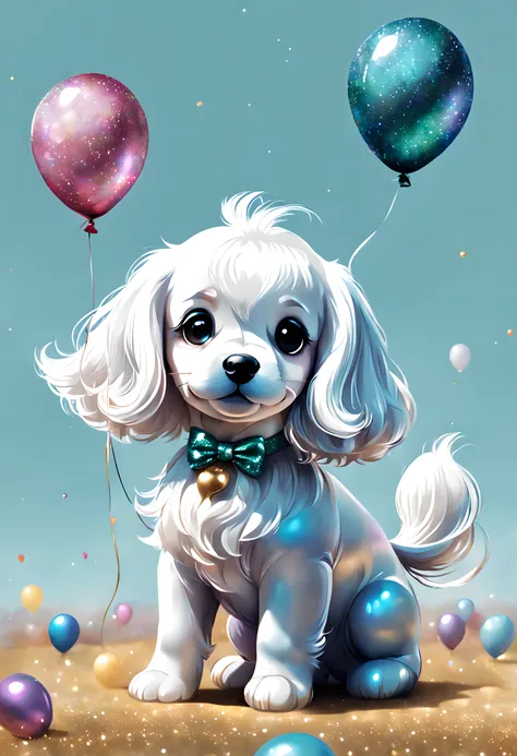 balloon puppy, long white hair, digital illustration, glitter