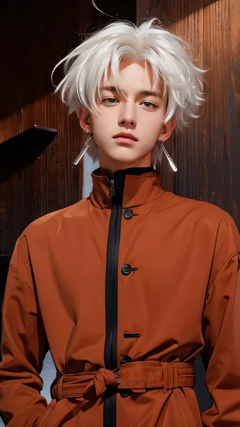 A realistic white-haired teenage boy, (same realistic hairstyle), realistic handsome face, realistic seductive expression, adapt the same realistic clothes,realistic earrings, realistic light, realistic shadows, realistic background, good image quality, ve...