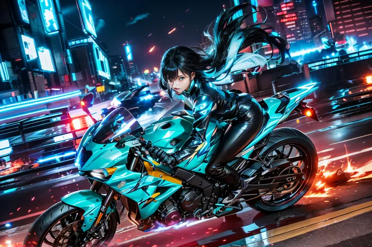 (8K),(Photorealistic:1.4),masutepiece, Best Quality,1 Big motorcycle girl with shiny rear wheel of cybersport type, Wide Angle, Solo, Black rider with fluorescent blue lines, thighs thighs thighs thighs, Black hair knot, Black eyes, (Cyber Future City), Hi...