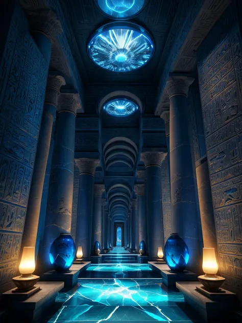 Incredible blue luxury futuristic interior in ancient egyptian style，including palm trees、hyeroglyphics、stone wall、sable、marbled、Precious minerals、metals、precious stones、crystal、clouds and water、alligators、Ultra Luxo、Marble - has a beautiful light，unreal-e...