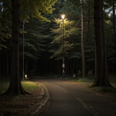 A lamppost at the entrance to a forest taken as a photo at night and the photo is specifically 4 meters from the lamppost