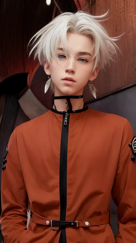 A realistic white-haired teenage boy, (same realistic hairstyle), realistic handsome face, realistic seductive expression, adapt the same realistic clothes,realistic earrings, realistic light, realistic shadows, realistic background, good image quality, ve...