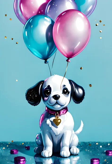 balloon puppy, digital illustration, glitter