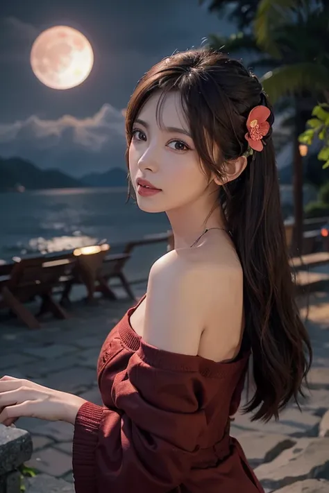 1girl, blurry, blurry_background, brown_eyes, brown_hair, depth_of_field, earrings, flower, full_moon, hair_flower, hair_ornament, lips, looking_at_viewer, moon, moonlight, night, night_sky, outdoors, red_flower, red_moon, sky, solo, beach,