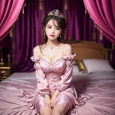 (top-quality、masutepiece、8K、Top image quality、Highly complex and detailed depictions)、one prostitute goddess、The most luxurious costume imaginable、most gorgeous goddess costume、(Surrounded by pink and purple curtains:1.3)、sit on a huge bed、(The background ...