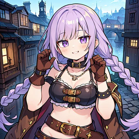 ((Masterpiece)), (highly saturated), (RAW photo: 1.2), (best quality:1.2), from above, intricate details, pale purple hair, cute teenage girl, (Mean smile), 1girl, (twin braids), single elbow glove, ragged short shorts, cute bikini top only, necklace, belt...