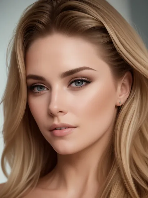 A photorealistic portrait of a insanely beautiful American woman with light make-up, extremely detailed light hazel eyes, sexy woman, detailed symmetric realistic face, full lips, extremely detailed natural texture, peach fuzz, long messy blonde windy hair...