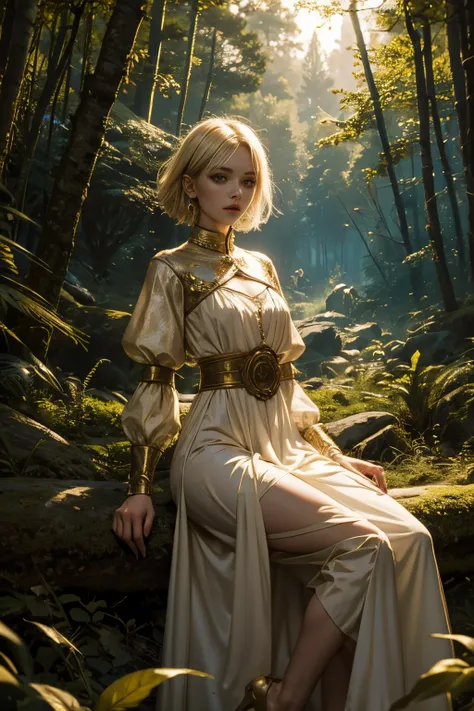 Marta Gromova (Ukrainian Model), short hair, sexy, blonde, wearing a medieval dress, in a forest at night