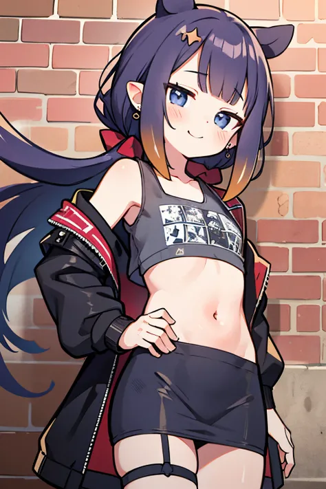 ((Ninomae Inanis)), ((Masterpiece)), (High Definition:1.3), (Professional Photography:1.2), from above, (flat body), flat chest, (laughing face), ragged brick wall background, leather, silky long hair, earrings, leather jacket, thigh strap, wind blow, jewe...