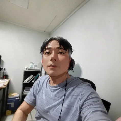 there is a man sitting in a chair with headphones on, 8k selfie photograph, 4 0 years old man, 45 years old men, taken in the early 2020s, 5 0 years old man, joongwon jeong, joongwon charles jeong, sangsoo jeong, hong june hyung, he is about 50 years old