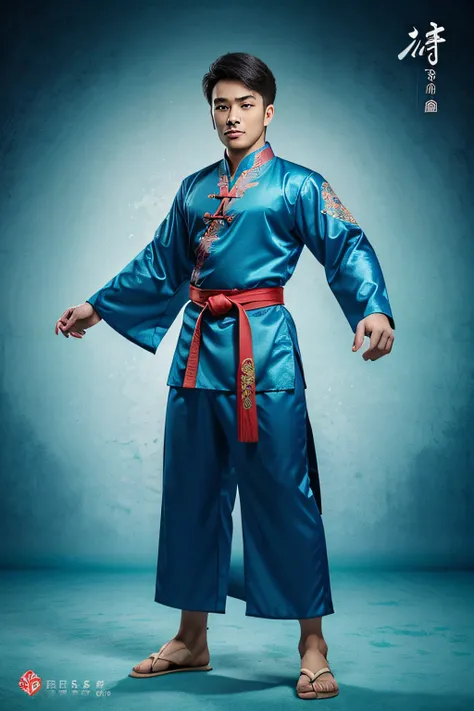 Spring Festival Gala Martial Arts Costume Design，Young person，The design is inspired by the Nine Dragon Wall，Background color is turquoise blue，Smooth and free，There are obvious dragon patterns