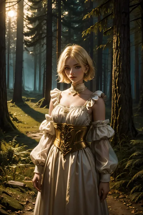 Marta Gromova (Ukrainian Model), short hair, sexy, blonde, wearing medieval simple clothes, in a forest at night