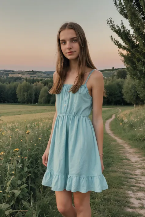 young woman, 16 Jahre alt, iPhone-camera, straight hairs, beautiful, 16 years old, summer dress, evening, italian nature, Toskana