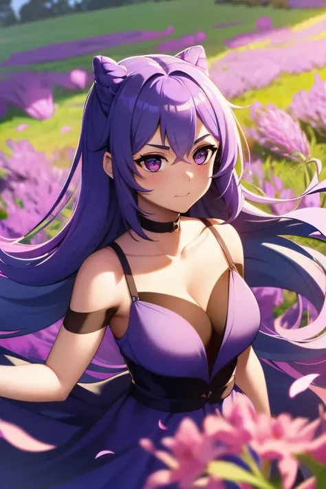 A young girl in her twenties, with lavender colored hair and eyes. She is in a field full of short grass and the wind is blowing her mid high cosmic colored dress