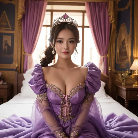 (top-quality、masutepiece、8K、Top image quality、Highly complex and detailed depictions)、one prostitute goddess、The most luxurious costume imaginable、most gorgeous goddess costume、(Surrounded by pink and purple curtains:1.3)、sit on a huge bed、(Surrounded by c...