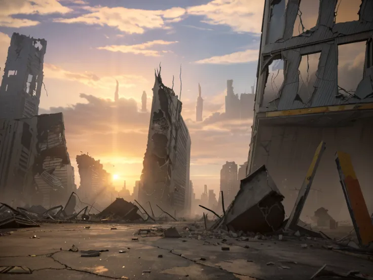 a post-apocalyptic scenario of a destroyed city with broken buildings, and cracked asphalt on the ground