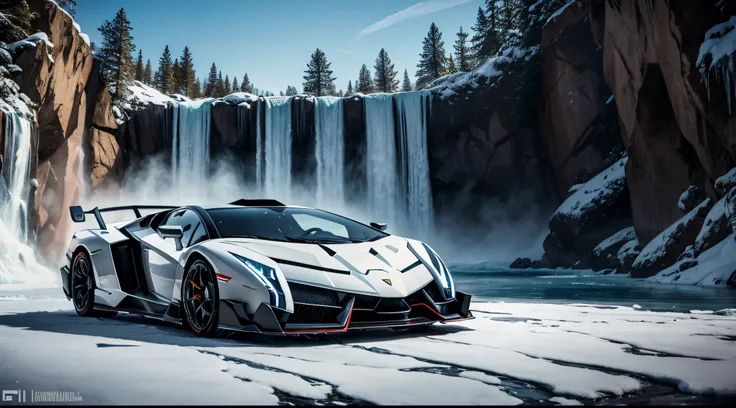 a lamborghini veneno standing at a frozen waterfall, sunny day, phtotorealistic, extremely detailed, colorful, wide angle shot