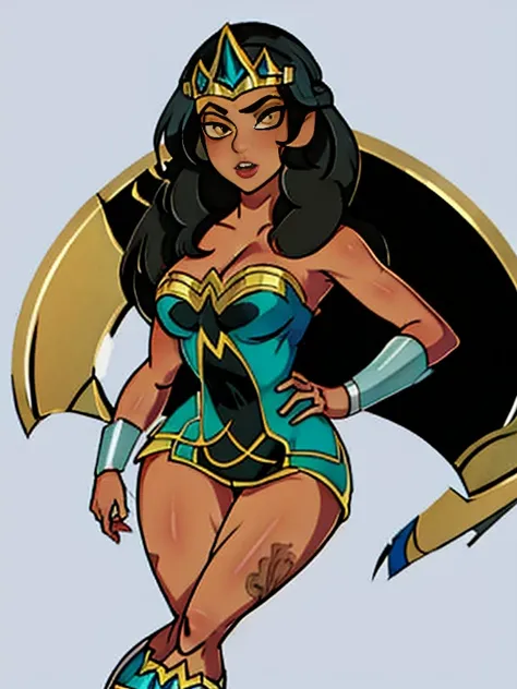 (masterpiece),( best quality), 1girl, long black hair, tanned bronze skin, bright hazel eyes, hyper-detailed, perfect body, detailed eyes, beautiful girl, superhero, leotard, war_glam armor, embroidery, tiara, bare legs, gloves, boots, holding a lasso