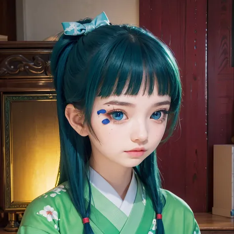 A girl with realistic green hair, (same realistic hairstyle), realistic pretty+cute face, realistic cool expression, adapt realistic green kimono dress,realistic light, realistic shadows, realistic background, good image quality, very good image results, 4...