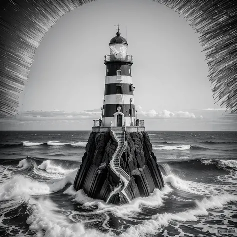 "Generate black and white, cartoon style vector art of a seaside lighthouse, incorporating symbols of Iemanjá, elements of Umbanda and the distinctive symbol of sailors. Enfatizar contornos e adornos, evitando realismo, to create a stylized and impactful r...