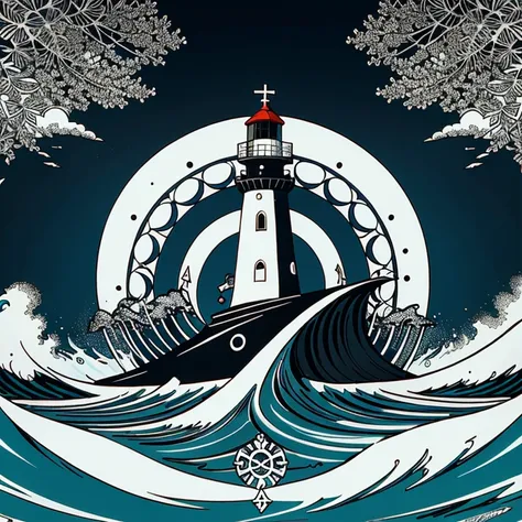 "Gerar preto e branco, cartoon style vector art of a seaside lighthouse, incorporating symbols of Iemanjá, elements of Umbanda and the distinctive symbol of sailors. Enfatizar contornos e adornos, evitando o realismo, create a stylized and impactful repres...