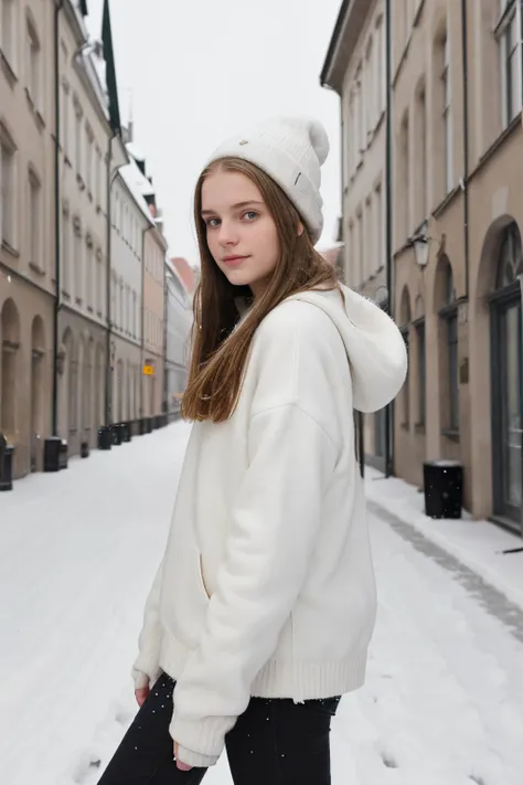 young woman, 16 Jahre alt, iPhone-camera, straight hairs, beautiful, 16 years old, german city, snow, Winter Outfit, model, instagram picture, posing, very beautiful, different camera angle