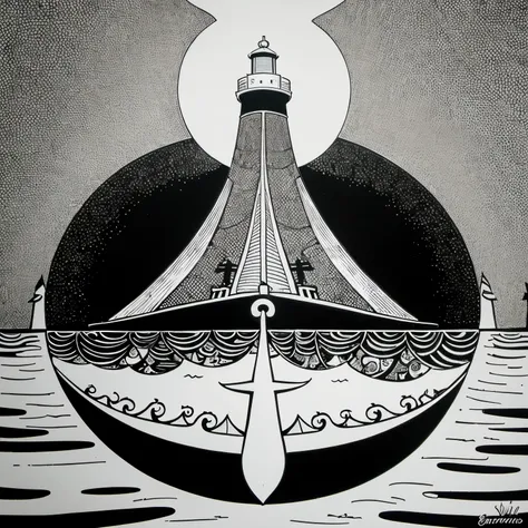 "Generate black and white, cartoon style vector art of a seaside lighthouse, incorporating symbols of Iemanjá, elements of Umbanda and the distinctive symbol of sailors. Enfatizar contornos e adornos, evitando realismo, to create a stylized and impactful r...