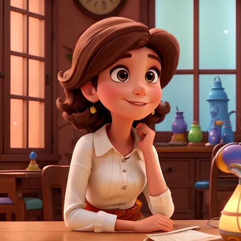 Mulher 60 anos, brown hair sitting at the table, looking-into-camera,(Pixar e Disney inspirados),(cores vibrantes),(soft lighting)