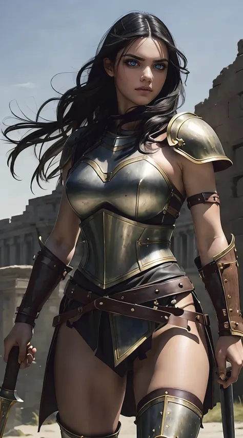 (masterpiece, high quality, best quality), beautiful, hd, realistic, perfect lighting, detailed face, detailed body, 1 girl, solo, black hair, green eyes, long black hair, brown and worn leather clothing gladiator style: 1.4), leather breastplate, 1 wooden...