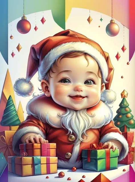 (cute baby santa claus smiling with presents and christmas tree), Munchkin ,Geometric multidimensional wall portrait, livro de arte, Tchibi,
Yang08k, Beautiful, Colouring,
Obras, of the highest quality, best quality, Arte Oficial, Beautiful and Aesthetic,