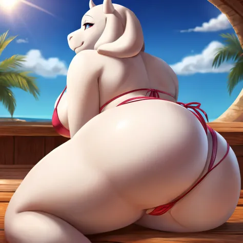 Toriel bends over showing her beautiful ass in a string bikini that outlines her vagina