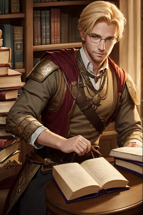 Portrait of a fantasy male blond human librarian, thirty years old, handsome, D&D character, medieval librarian, fantasy character, holding a book