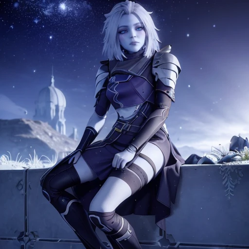 ((masterpiece)), (best quality), 8k, ultra-detailed, absurdress, 3d, mara sov, long face, stoic, destiny 2, space, colorful background, blue eyes, white skin, the reef, awoken, full body, standing up