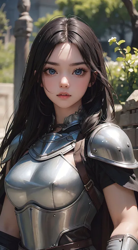 (masterpiece, high quality, best quality), beautiful, hd, realistic, perfect lighting, detailed face, detailed body, 1 girl, solo, black hair, green eyes, long black hair, brown and worn leather clothing gladiator style: 1.4), leather breastplate, 1 wooden...