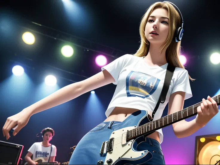 top quality 32k raw photo of 18-year-old Emily VanCamp wearing white T shirt and jeans skirt and headphone. navel look. she is on the disco stage playing guitar. colorful lights,