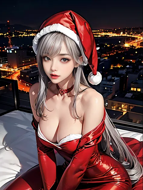 Slender woman、Super small breasts、long curly silver hair、super sexy red santa costume、slutty eyes looking at camera、Night view of the city、