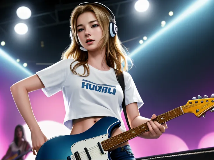 top quality 32k raw photo of 18-year-old Emily VanCamp wearing white T shirt and jeans skirt and headphone. navel look. she is on the disco stage playing guitar. colorful lights,