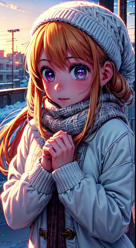 ((1woman,Best Quality), (Highly Detailed 8K Background), Highly Detailed, (Beautiful Detailed Eyes), ((Winter Clothes, Daylight, Winter))), (Cowboy Shot), Anime, City, Best Quality High detail, 4K