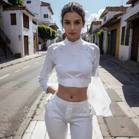 araffe woman in white soft pants and cropped top posing for a picture, an album cover inspired by Esaias Boursse, trending on cg society, happening, white trendy clothes, casual white garment, trendy white clothing, cropped wide sleeve, white clothing, whi...