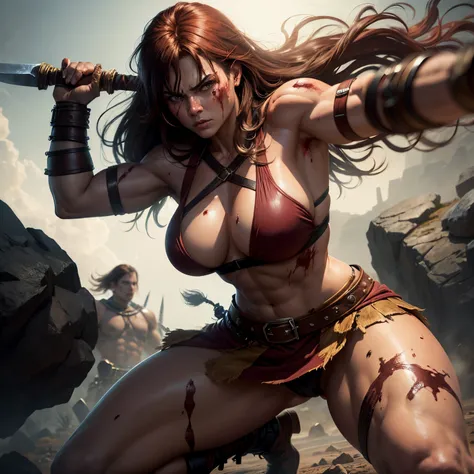 Conan-style female barbarian ultra details with sword in hand standing looking at me bloodied in battle