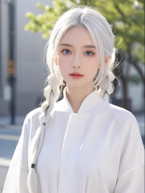 Excellent, tmasterpiece, White hair, eBlue eyes, white  clothes, Upper part of the body, the hair, White skin of the, Side braids, Best quality at best