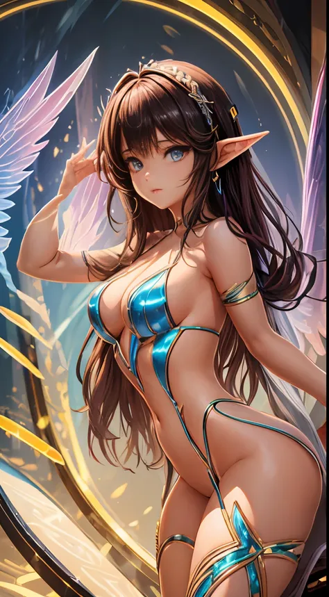 Estilo anime, a random and naked beautiful ethnic young girl, Traje futurista, lugar futurista, seios perfeitos, add cybernetic wings to the character