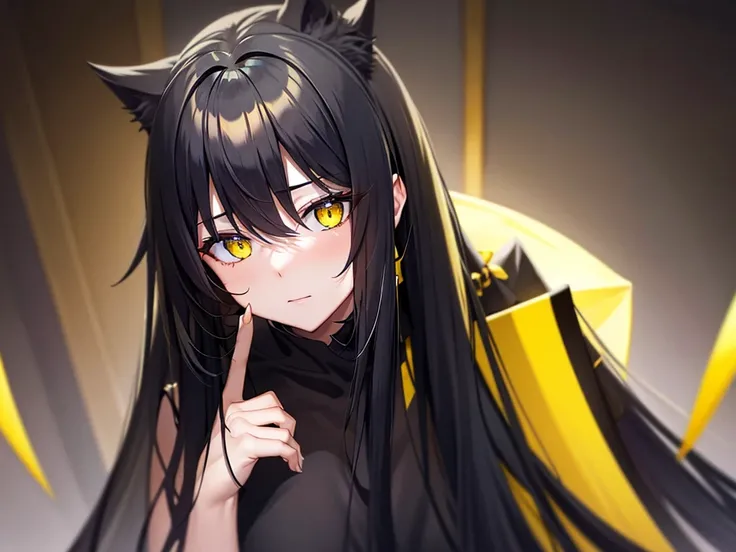 blue-black long hair, yellow and sharp eyes