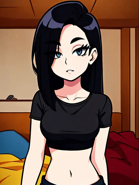 (masterpiece, best quality), caucasian girl, pale skin, grey eyes, black hair hair, black eyeliner, black eyeshadow, 1girl, collarbone, straight hair, long hair, looking at viewer, blurry, upper body, black crop top, dark bedroom