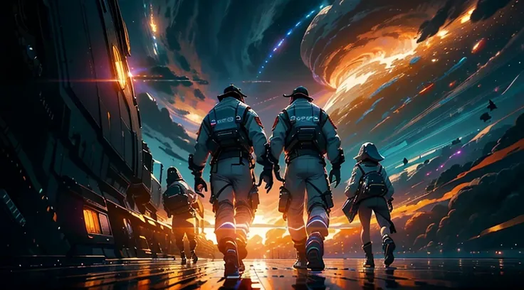 (((Three people ))) A group of astronauts walking into the space ship, ready to take off, (((two men one woman)), dark clouds, sundown golden sun, thin rain falling, late afternoon. 4k, unreal engine, cinematic, high quality image