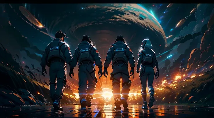 (((Three people ))) A group of astronauts walking into the space ship, ready to take off, (((two men one woman)), dark clouds, sundown golden sun, thin rain falling, late afternoon. 4k, unreal engine, cinematic, high quality image