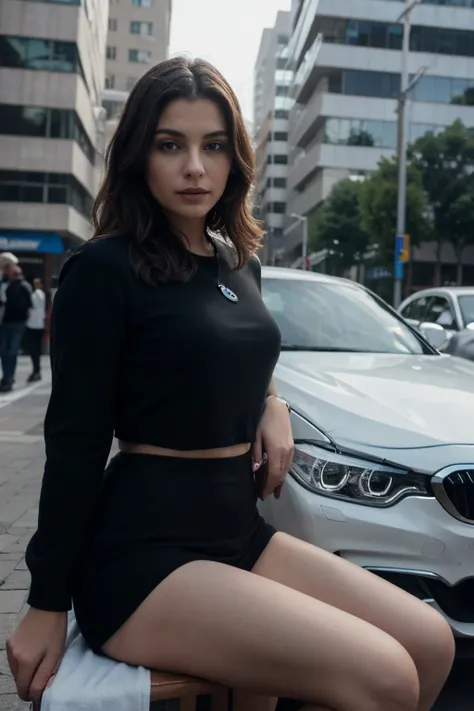 ((best quality)), ((masterpiece)), (detailed), women sitting in front of bmw, ad, commericial ad shoot, bmw ,